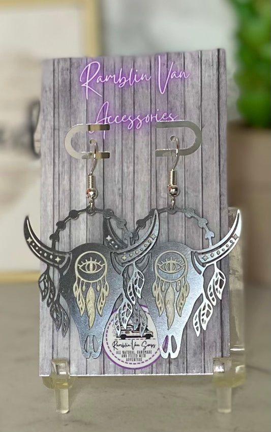 Laser Etched Cow Skull Earrings