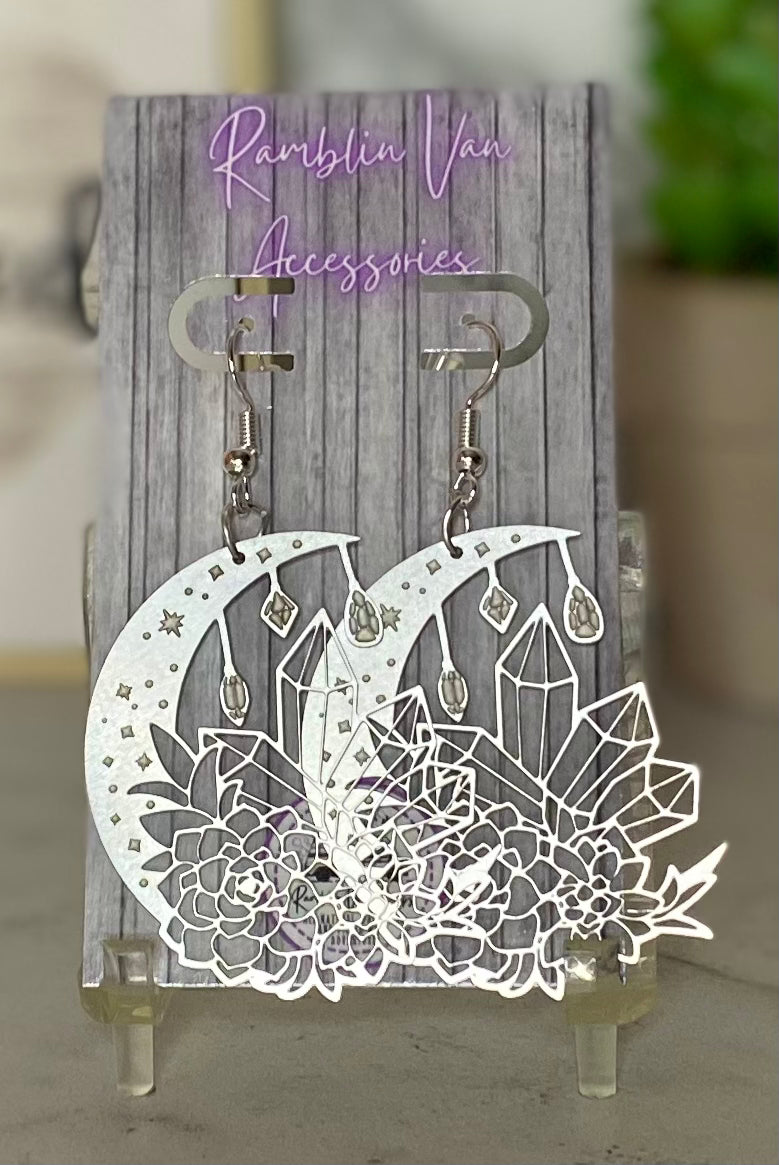 Laser Etched Crescent Moon Crystal Earrings